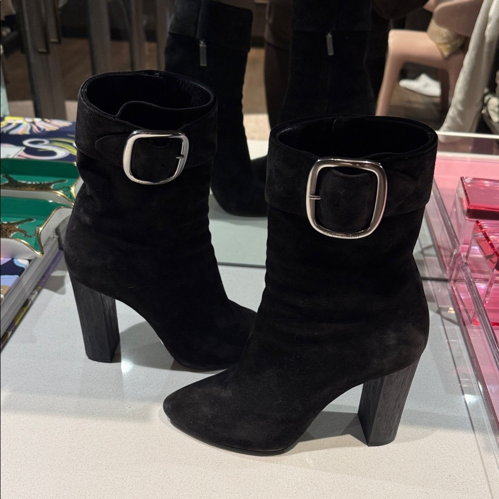 Black Suede Saint Laurent “Joplin” Ankle Boots with Silver Buckle Logo Detail